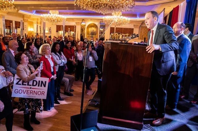 Rep. Lee Zeldin speaks to delegates and assembled party officials at the 2022 NYGOP Convention, in Garden City, Long Island.